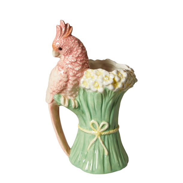 Blomst og Papegje Vase Keramik - 22x13 cm. - Rosa/Hvid/Grn