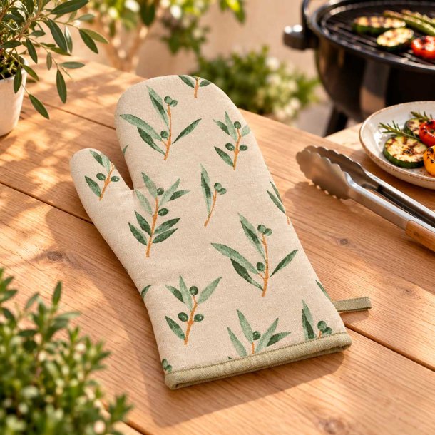Ovnhandske m. Oliven Print - Beige