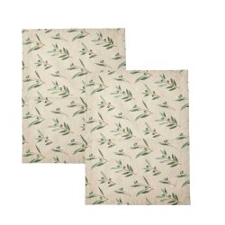 Viskestykke m. Oliven Print - Beige - 2 stk