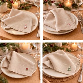 Bomuld Mundserviet Jul - Natur m. Broderede Julemotiver - 4 stk.