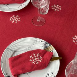 Dacore Bomuld Mundserviet Jul - R�d m. Broderet Snefnug og Juletr� - 4 stk.