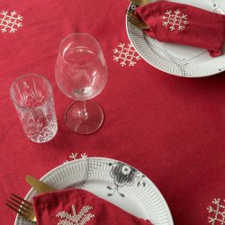 Bomuld Juledug - Rd m. Broderede Snefnug